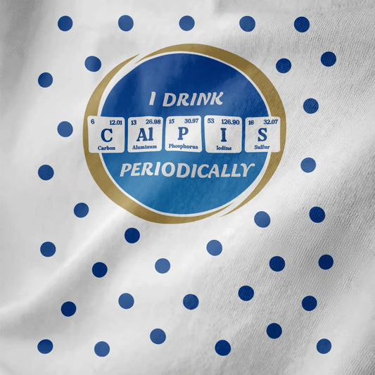 White t-shirt with blue periodic table "Calpis" graphic, gold circle, blue dots; modern japanese t shirt design.