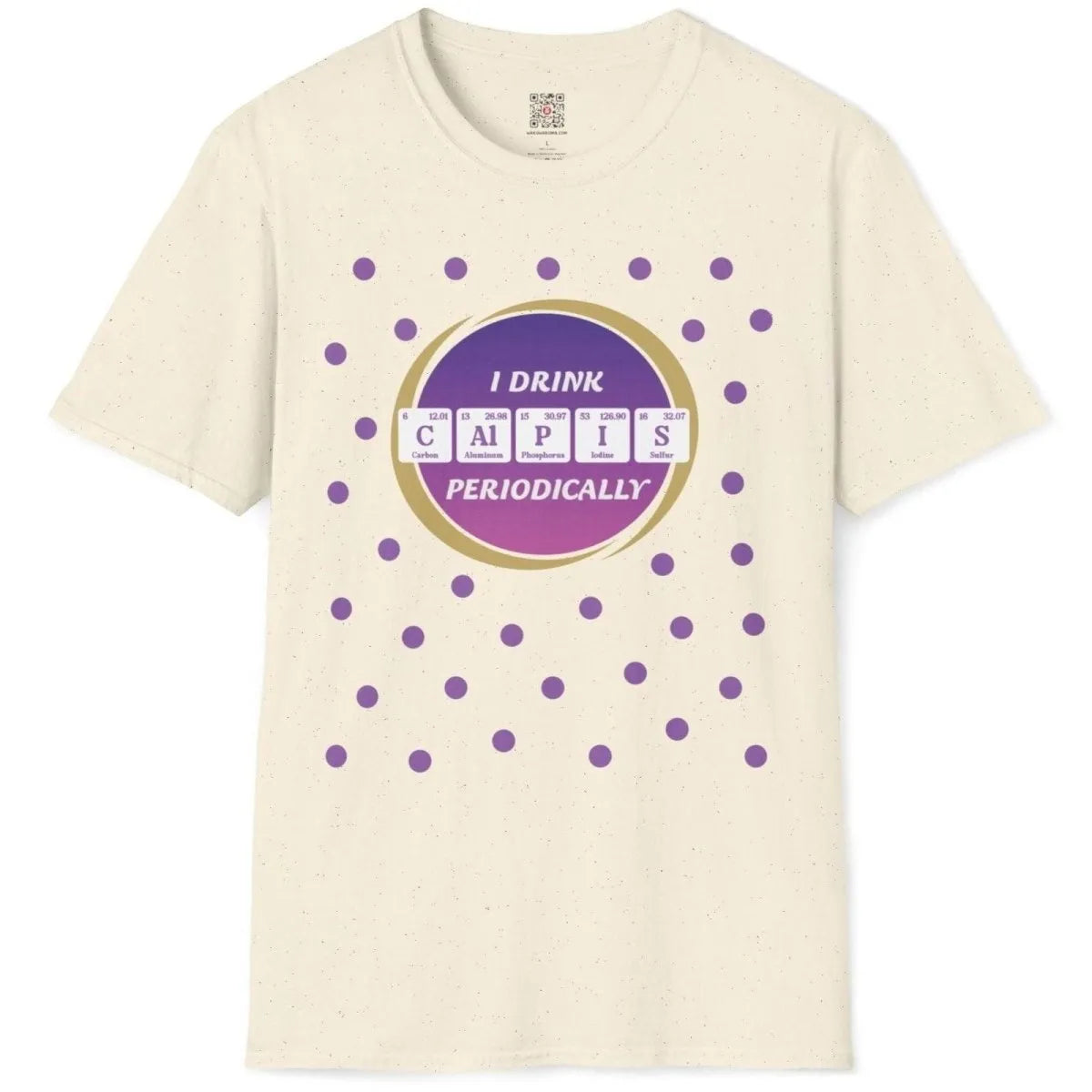 Natural t-shirt flatlay with purple grape "Calpis" periodic table, purple dots; softstyle t-shirt, clothing aesthetics.