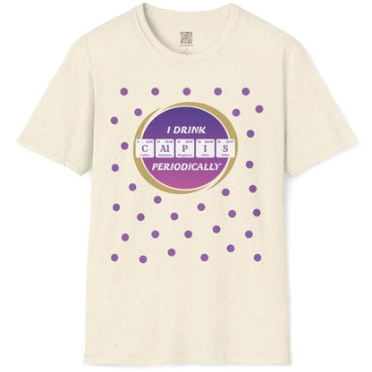 Natural t-shirt flatlay with purple grape "Calpis" periodic table, purple dots; softstyle t-shirt, clothing aesthetics.