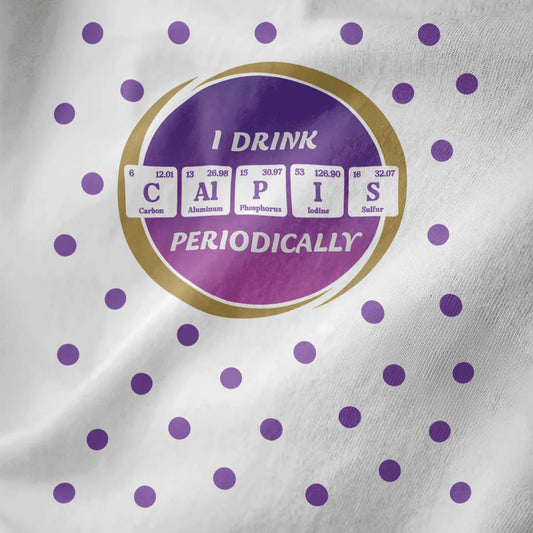 White t-shirt closeup with purple periodic table "Calpis" grape graphic, purple dots; japanese t shirt design.