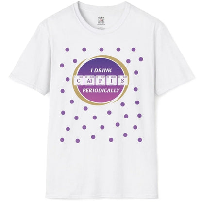 Flatlay of white t-shirt with purple grape "Calpis" periodic table, purple dots; japanese graphic t-shirt.