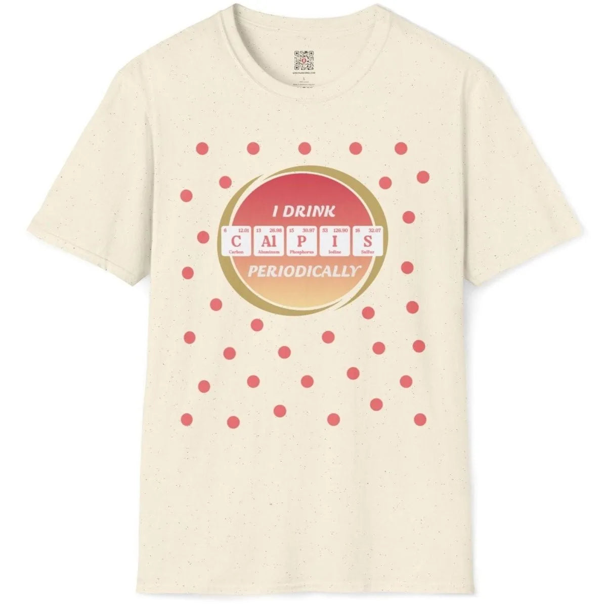 Natural t-shirt flatlay with orange mango Calpis periodic table graphic, softstyle t-shirt, japanese shirts.