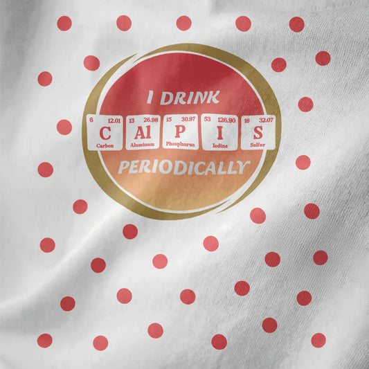 Closeup of vibrant mango Calpis periodic table graphic on white softstyle t-shirt, playful streetwear design.