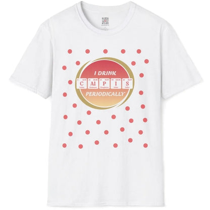 Flatlay of white t-shirt with playful mango Calpis periodic table graphic, clothing aesthetics, Japanese t-shirts.