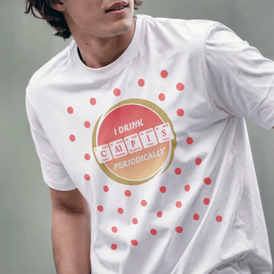 Male model in white t-shirt with mango Calpis periodic table graphic, funny shirts with sayings, unisex t-shirt.
