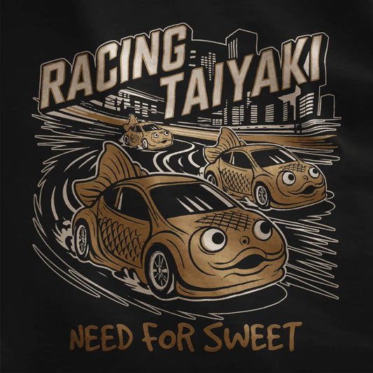 Close-up of Racing Taiyaki design on black shirt, taiyaki cars racing, bold text, and contrast art.