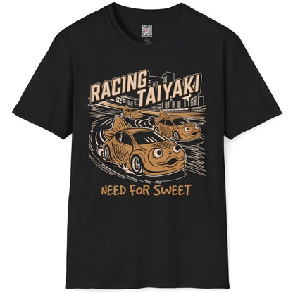 Black Racing Taiyaki t-shirt flatlay with three taiyaki cars, city skyline, and graphic design t shirt.