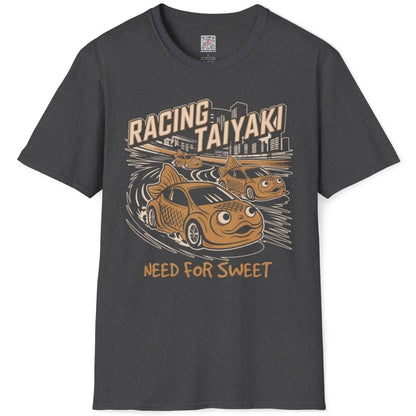 Dark heather Racing Taiyaki t-shirt flatlay, taiyaki cars speeding, urban skyline, and retro design.