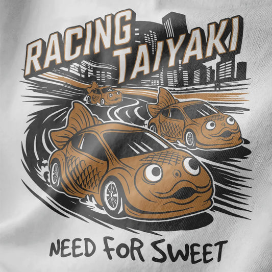 Close-up of Racing Taiyaki design on white shirt, featuring taiyaki cars, bold text, and vibrant style.