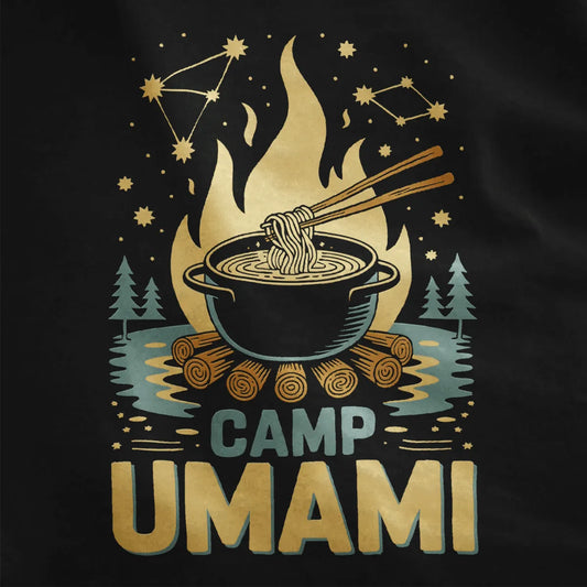 Close-up of Camp Umami design on black shirt, steaming noodles, campfire, and bold text fonts.