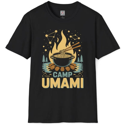Black Camp Umami t-shirt flatlay, cozy campfire scene, pine trees, and graphic design t shirt.