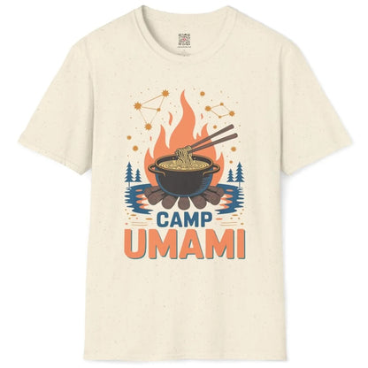 Natural Camp Umami t-shirt flatlay, pot of noodles, pine tree silhouettes, and modern tradition.