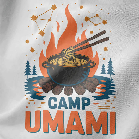 Close-up of Camp Umami design on white shirt, pot of noodles over campfire, ramen t-shirt, vibrant style.