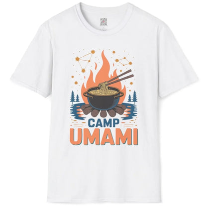 White Camp Umami t-shirt flatlay, pot of ramen over fire, blue waves, and japanese t-shirts.