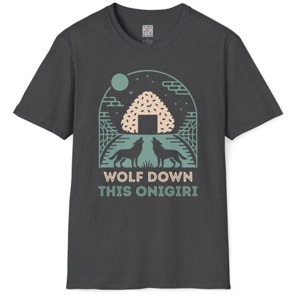 Flatlay dark heather t-shirt with onigiri, wolves, and moon, serene landscape, japanese snack popular.