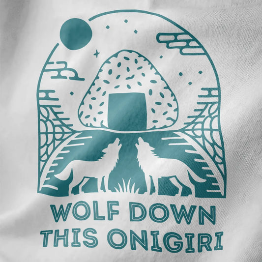 Monochrome teal onigiri with sesame, seaweed, and howling wolves on white fabric, night scene, japanese t-shirts.