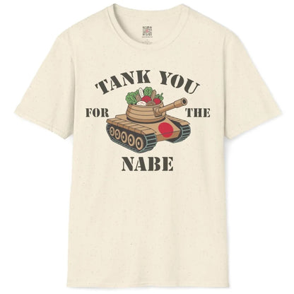 Flatlay natural t-shirt with tank, nabe, veggies, and stencil font, retro diner, humorous quote.
