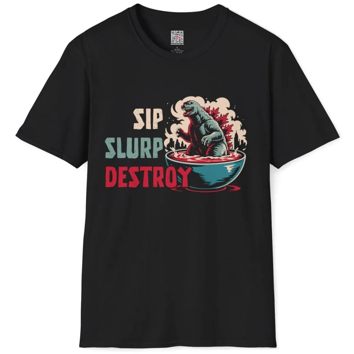 Flatlay black t-shirt with ramen Godzilla, city skyline, and bold typography, comic book style, ramen shirt.