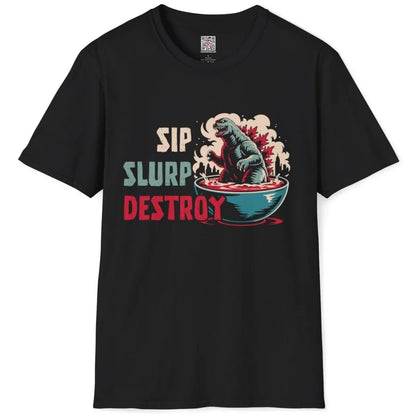 Flatlay black t-shirt with ramen Godzilla, city skyline, and bold typography, comic book style, ramen shirt.