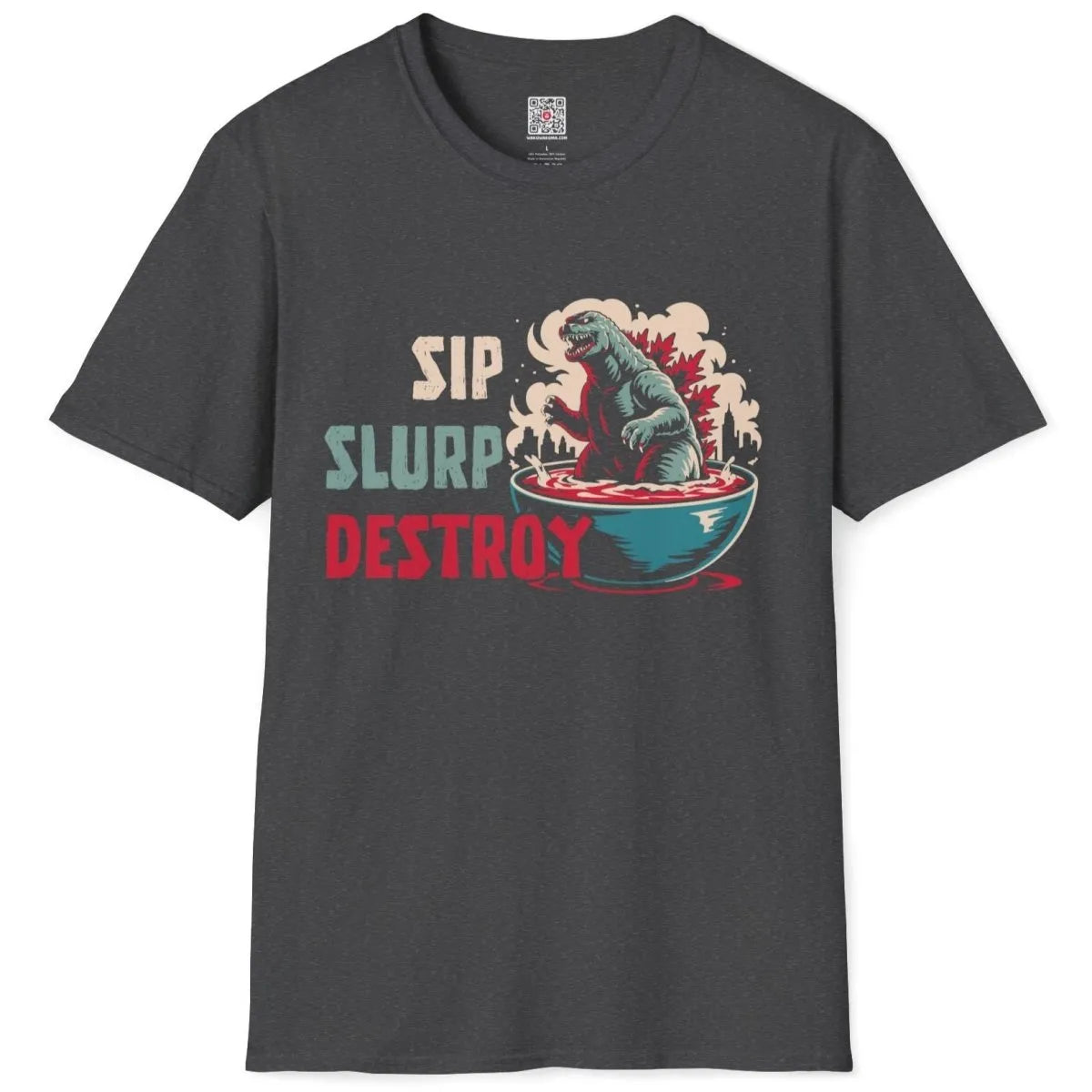 Flatlay dark heather t-shirt with ramen Godzilla, city skyline, and bold typography, monster sushi, contrast colors.