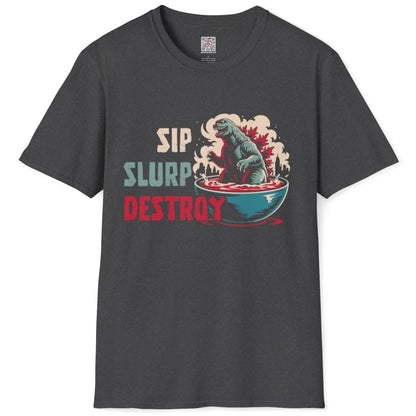Flatlay dark heather t-shirt with ramen Godzilla, city skyline, and bold typography, monster sushi, contrast colors.