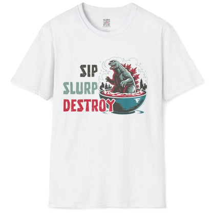Flatlay white t-shirt with ramen Godzilla, city skyline, and playful phrase, dynamic composition, ramen t-shirt.