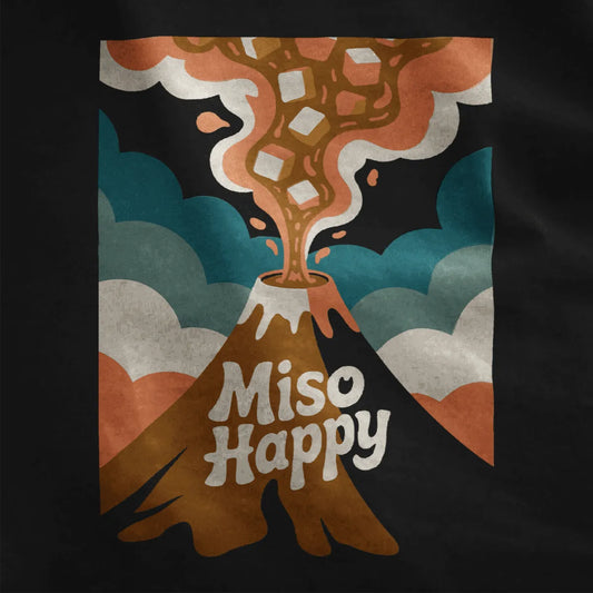 Bold volcano erupting orange miso broth with tofu on black shirt, earthy tones, abstract background, japanese t-shirts.