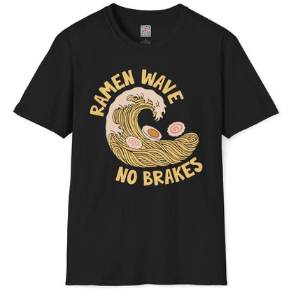 Flatlay black t-shirt with ramen wave, bold text, Japanese dish, culinary theme, ramen t-shirt.