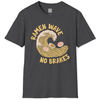 Flatlay dark heather shirt with ramen wave, surfing culture, geometric shapes, ramen t-shirt.