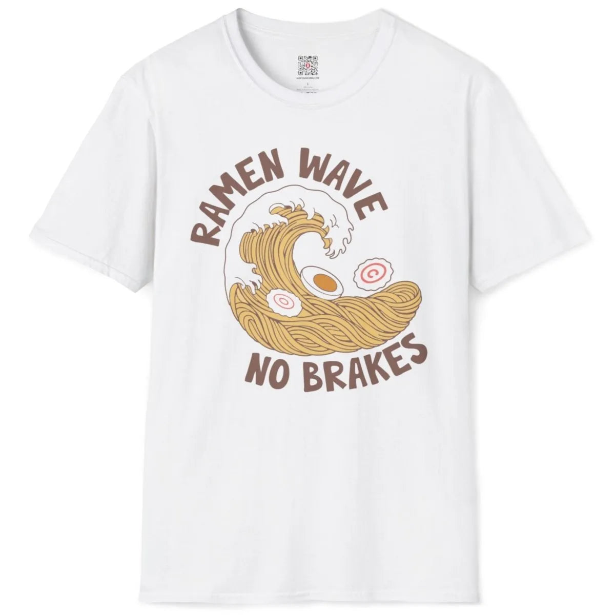 Flatlay white t-shirt with ramen noodle wave crest, contrast colors, ramen t-shirt, japanese t-shirts.