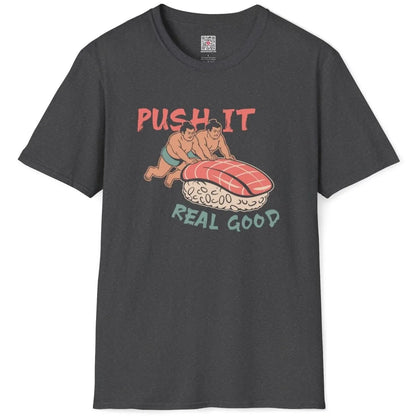 Flatlay dark heather shirt with sumo sushi, dynamic scene, humorous design, sushi t-shirt.