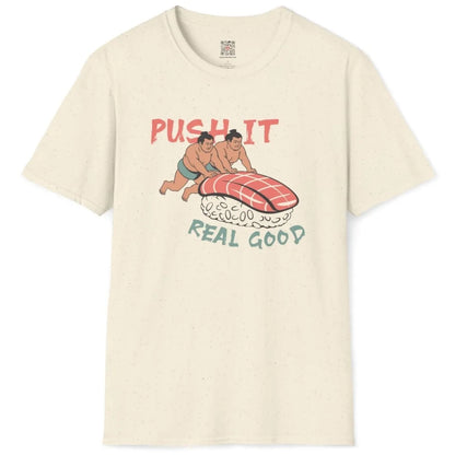 Flatlay natural shirt with sumo wrestlers and salmon nigiri, traditional motifs, sushi t-shirt.