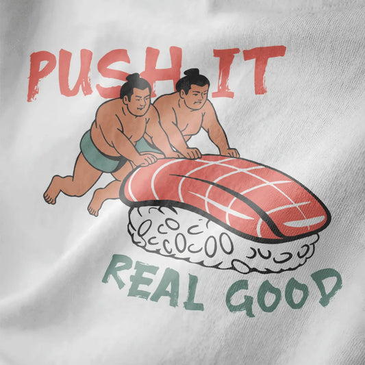 Sumo wrestlers pushing giant salmon nigiri on white shirt, playful phrase, sushi t-shirt, japanese t-shirts.