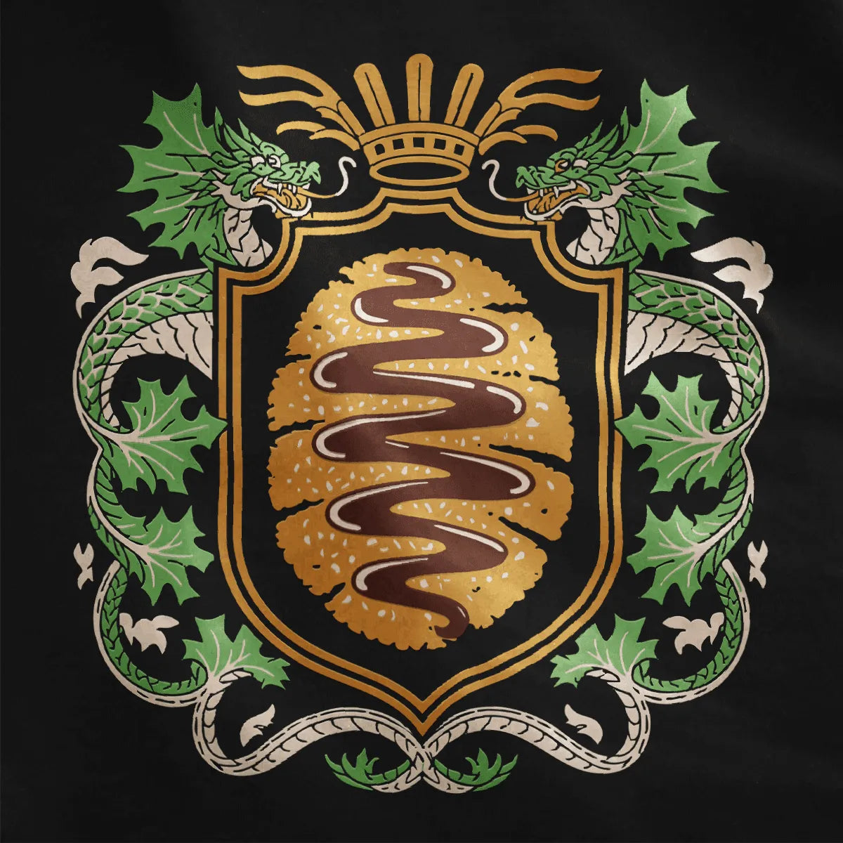 Black t-shirt closeup of detailed tonkatsu emblem with entwined cabbage dragons, traditional Japanese art, gourmet status.