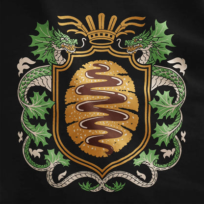 Black t-shirt closeup of detailed tonkatsu emblem with entwined cabbage dragons, traditional Japanese art, gourmet status.
