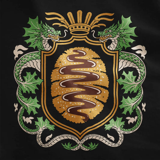 Black t-shirt closeup of detailed tonkatsu emblem with entwined cabbage dragons, traditional Japanese art, gourmet status.
