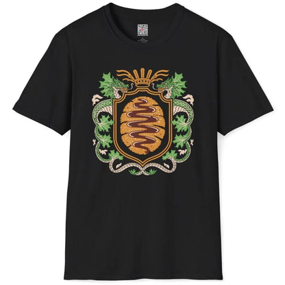 Black t-shirt flatlay with intricate tonkatsu and dragon emblem, heraldic design, cultural pride.