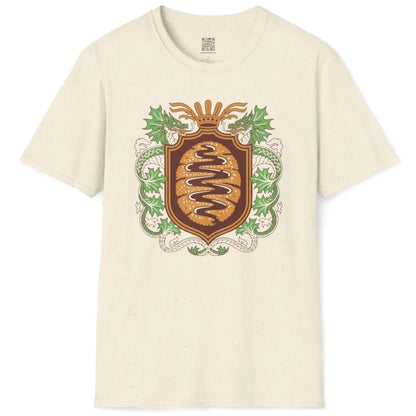 Natural t-shirt flatlay with regal tonkatsu emblem and green dragons, cultural symbolism, gourmet status.