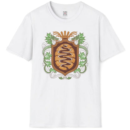 White t-shirt flatlay with golden tonkatsu, green cabbage dragons, and celebratory fan, japanese t-shirts.