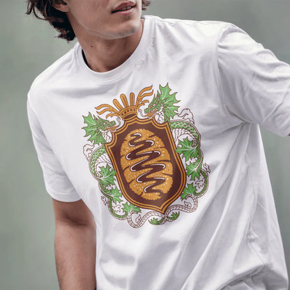 Male model in white t-shirt featuring tonkatsu and dragon crest, japanese t-shirts, mythic energy.