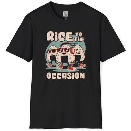 Black t-shirt flatlay featuring cool onigiri with sunglasses, bold typography, japanese t-shirts, urban vibe.