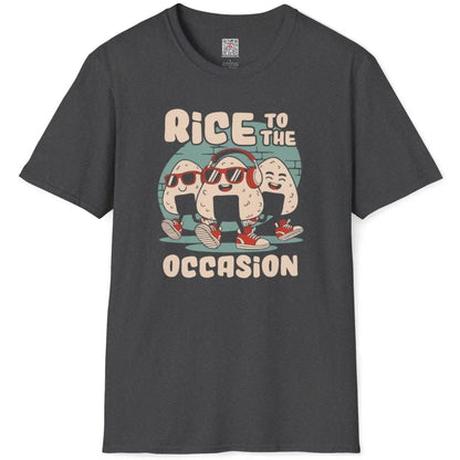 Dark heather t-shirt flatlay, energetic onigiri trio, bold typography, cultural fusion, dynamic poses.