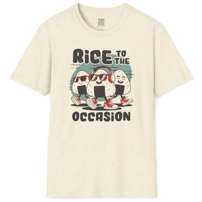 Natural t-shirt flatlay, cheerful onigiri with sunglasses, playful characters, japanese snack.