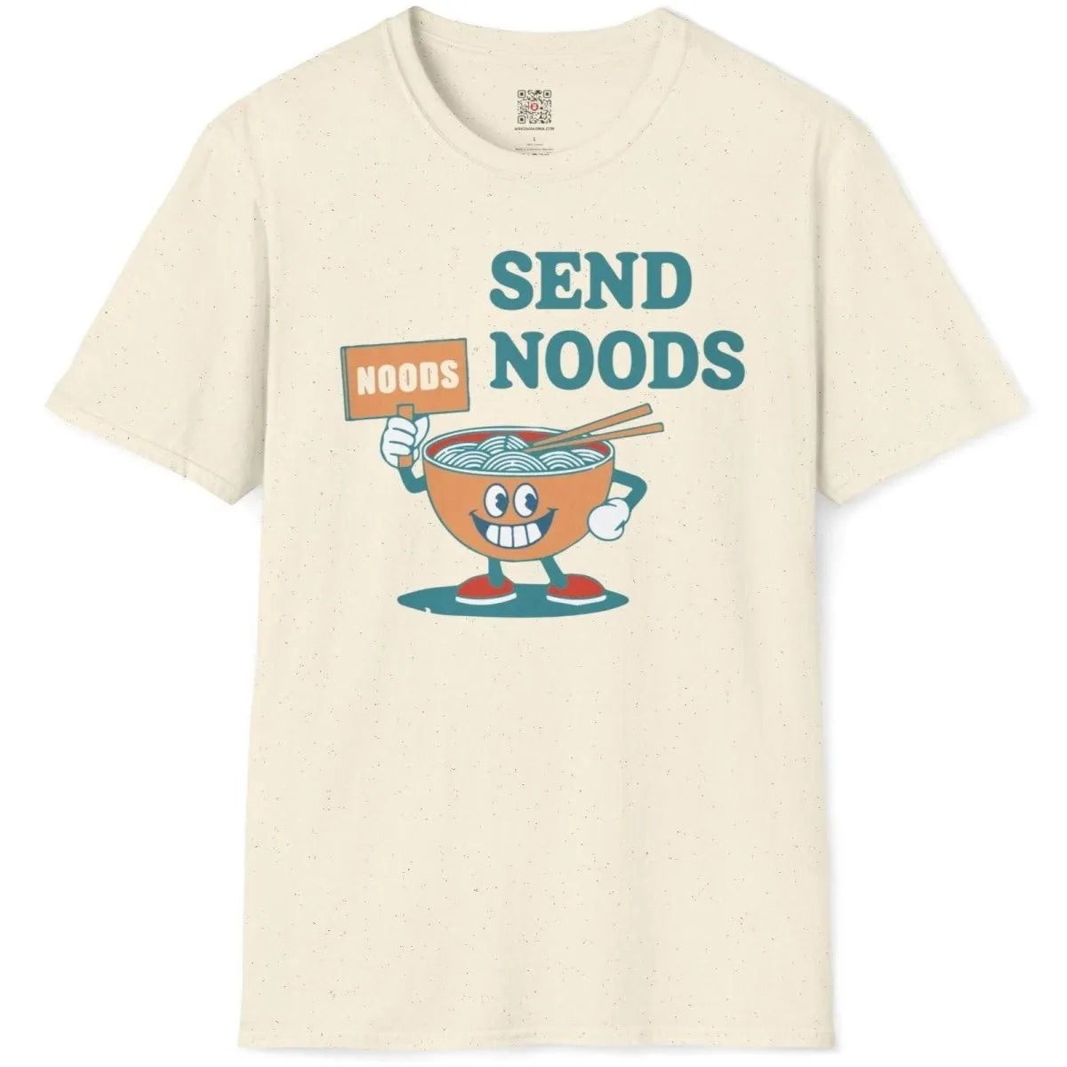 Natural flatlay t-shirt with lively cartoon noodle bowl, “SEND NOODS” text, whimsical illustration, noodle shirt.