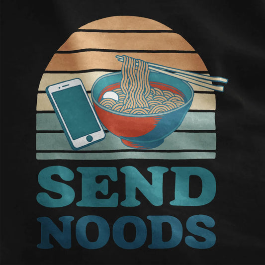 Bowl of ramen and smartphone on black shirt, retro sunset, bold “SEND NOODS” text. ramen t-shirt, vintage aesthetic.