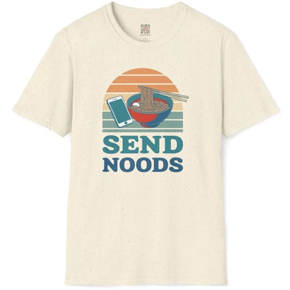Natural shirt flatlay, ramen bowl, smartphone, retro sunset, “SEND NOODS” text. ramen t-shirt, urban ramen.