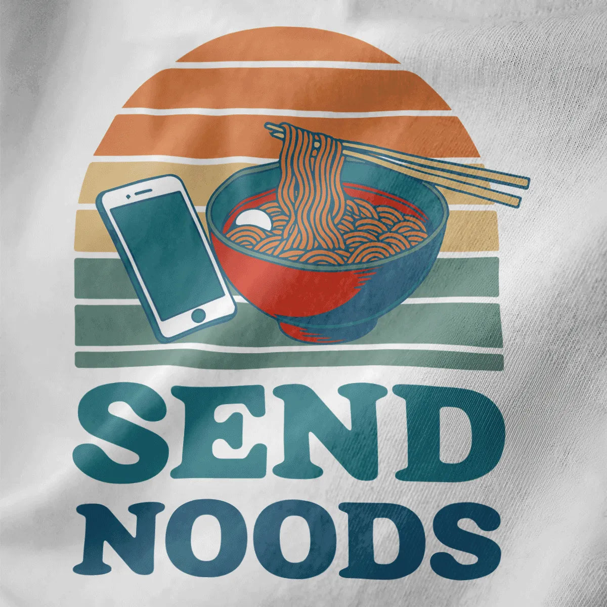Bowl of ramen and smartphone on white shirt, retro sunset, bold “SEND NOODS” text. ramen t-shirt, retro design.
