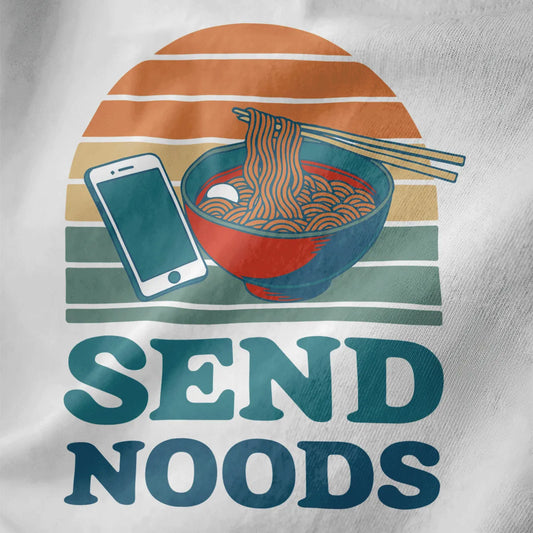 Bowl of ramen and smartphone on white shirt, retro sunset, bold “SEND NOODS” text. ramen t-shirt, retro design.