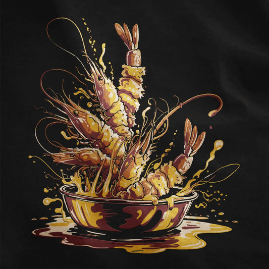 Tempura shrimp with golden batter and sauce splashes on black t-shirt, japanese t-shirts, traditional japanese art.