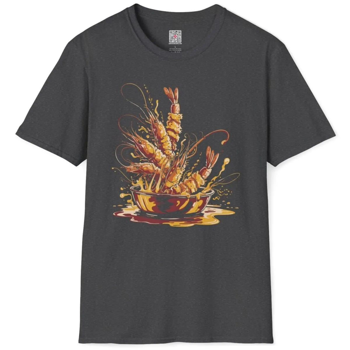 Dark heather t-shirt flatlay, detailed tempura shrimp, sauce splashes, japanese wave hokusai.
